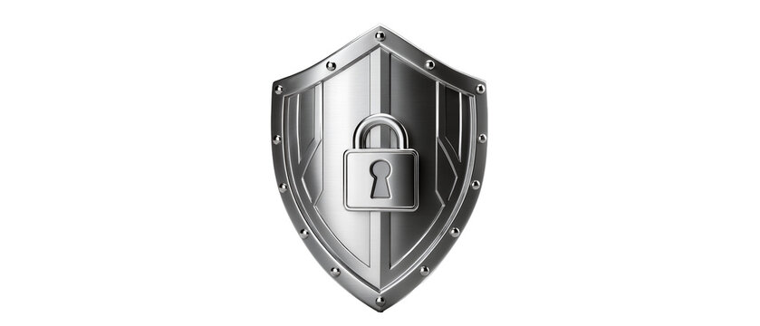 Polished metal shield with padlock emblem, isolated on transparent background