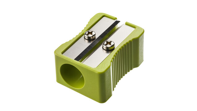 Green plastic pencil sharpener with metal blade and screws, isolated on transparent background