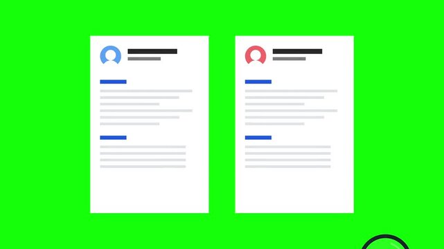 Resume comparison and job candidate selection with magnifying glass on green screen for recruitment