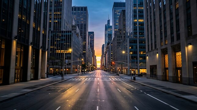 Empty metropolitan street beneath towering glass skyscrapers at dusk