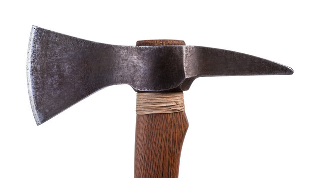Heavy metal fire axe with sharp blade and pointed spike, isolated on transparent background