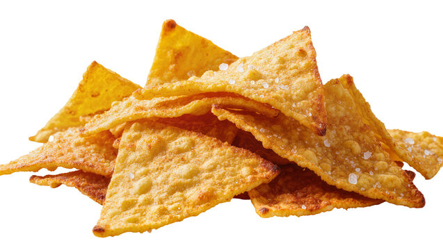 Crispy golden corn tortilla chips sprinkled with coarse salt, isolated on transparent background