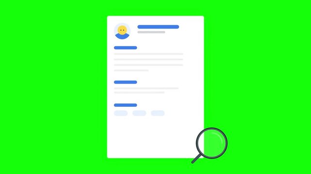 Animated flat design resume search on green screen for job application and recruitment process