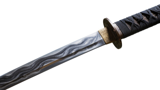 Detailed Japanese katana with wavy blade pattern and black wrapped handle, isolated on transparent background