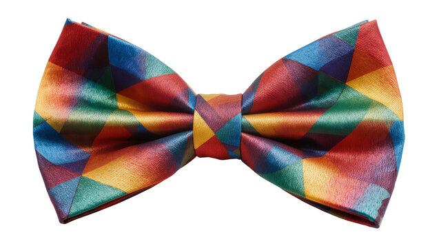 Colorful geometric pattern satin bow tie, isolated on transparent background