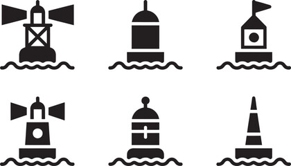 Naklejka premium Nautical navigation maritime buoy icon set featuring various sea markers and floating signal beacons.