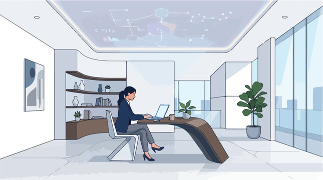 Professional woman working on a laptop in a calm minimal workspace with futuristic digital interface on the ceiling in a luxury 2D vector illustration style