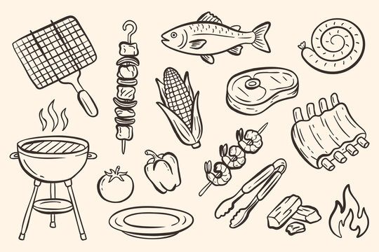 Barbecue doodle set in hand drawn outline style. Grill, steak, sausage, fish, shrimp, corn, vegetable, skewer, tongs, fire and charcoal. Minimal vector illustration isolated on light background.
