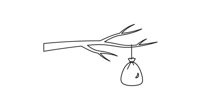 Bag hanging from tree branch, minimalist line art illustration, concept of hidden treasure or secret