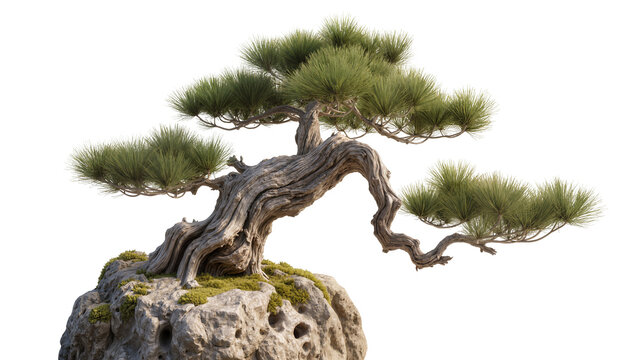 Twisted ancient pine bonsai tree growing on porous rock, isolated on transparent background