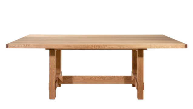 Sturdy solid oak wooden dining table with thick planks, isolated on transparent background