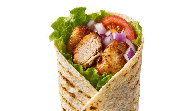 Grilled chicken wrap with lettuce tomato and onion, isolated on transparent background