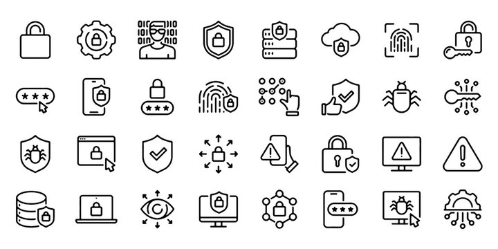 Security Line Icon Set, Cyber Protection Vector Transparent Background