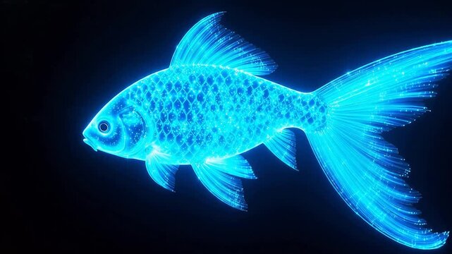 暗い背景に浮かび上がる青い魚が,鮮やかな色彩と現代的なデザインを際立たせている。