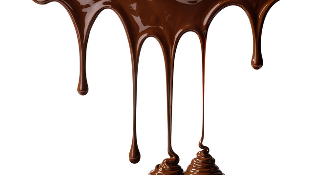 Molten dark chocolate dripping and forming swirls, isolated on transparent background