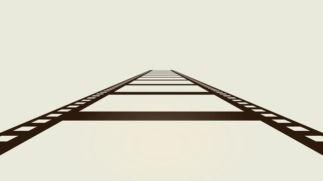 Film strip 35mm celluloid movie frames receding in perspective view on cream background for cinema title overlay or transition motion graphic