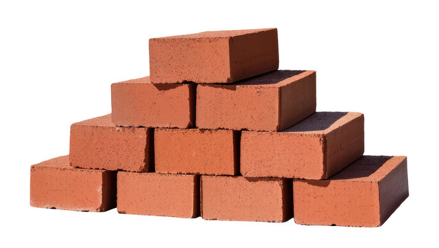 Stack of red clay bricks construction material, isolated on transparent background