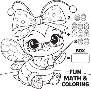 Adorable bee wearing glasses and bow teaching math with easter eggs for kids coloring.