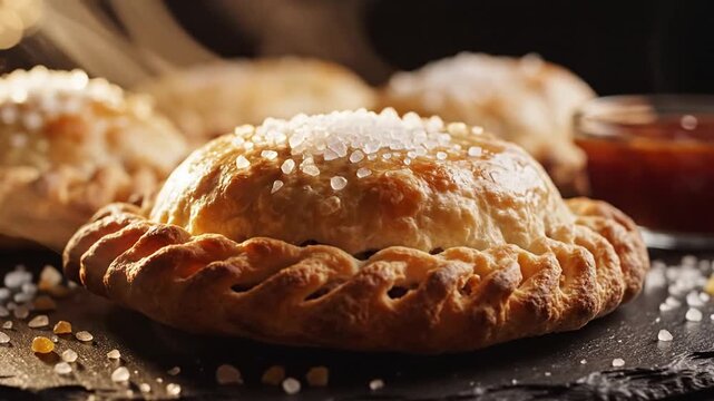 Freshly baked golden brown empanadas featuring intricate crimped edges and a topping of coarse sea salt crystals on a dark slate board with rising steam and blurred dipping sauce.