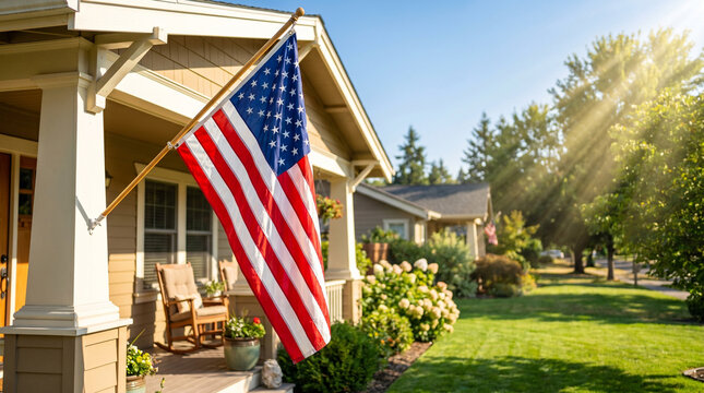 Patriotic flag waving proudly on a cozy porch bathed in warm sunlight, surrounded by lush greenery and a peaceful neighborhood setting
