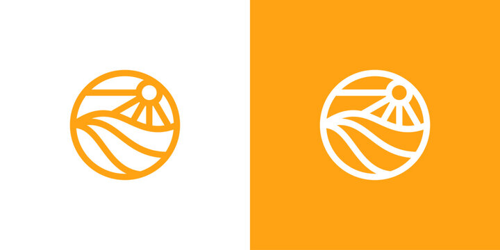 A creative combining Beach coast logo and simple sun and ocean shape, logo design vector icon symbol