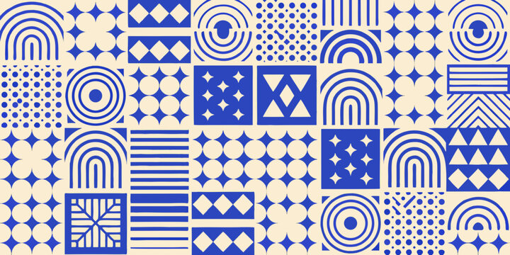blue geometric pattern with abstract shapes and repeating motifs