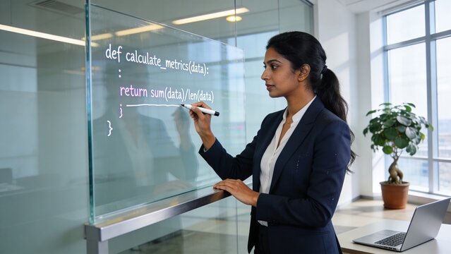 Female Software Engineer Writing Python Code on Transparent Glass Board in Modern Office