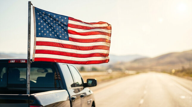 American flag flying proudly on a black truck driving down a sunlit open road with mountains in the background, capturing a sense of freedom and adventure