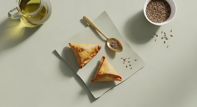 A pair of 2 samosa appetizers served on a minimalist square plate with a golden spoon and scattered cumin seeds for a clean and elegant culinary presentation