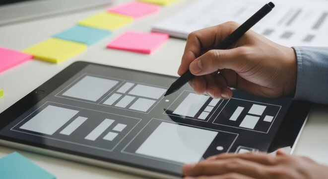 Ux designer sketching website wireframe layout on digital tablet