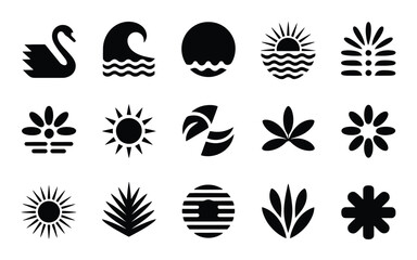 Minimalist logo bundle featuring 15 nature inspired symbols including swans waves sun and abstract floral designs © Shovon
