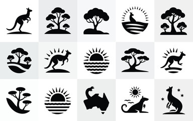 Obraz premium Collection of distinctive western animal and landscape silhouettes featuring kangaroos trees and sunsets