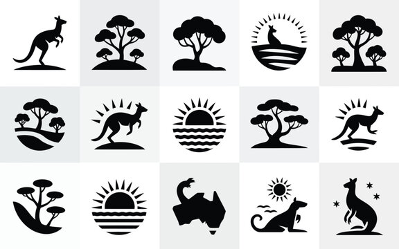 Collection of distinctive western animal and landscape silhouettes featuring kangaroos trees and sunsets