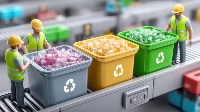 A recycling facility where workers sort plastic bottles into different bins on a conveyor belt.