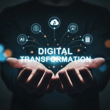 A person holds digital transformation concepts in their hands with glowing icons and text in a dark background
