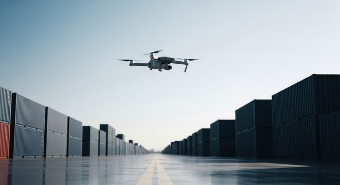 Drone flying over a shipping container terminal at sunset