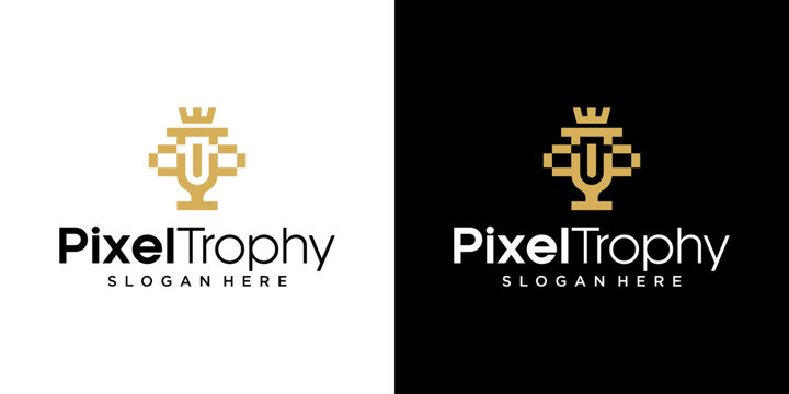 Modern Pixel Trophy Logo Concept Featuring Creative Gold Pixels and Crown Icon for Gaming, E-sports Tournament, Championship Achievement, and Digital Gaming Branding Identity