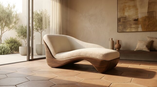Modern organic chaise lounge in a minimalist Mediterranean villa, sculptural wooden daybed with cream upholstery, luxury interior design with terracotta floors