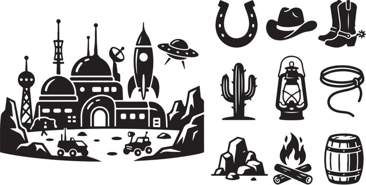 Western Desert Landscape with Space Age Elements Combined