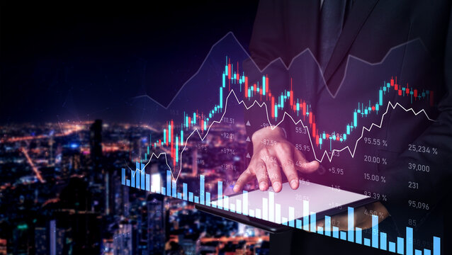 A businessman is using a tablet to analyze stock market trends, with vibrant graphs and charts overlaying a stunning city skyline at night, symbolizing financial growth. Scalp