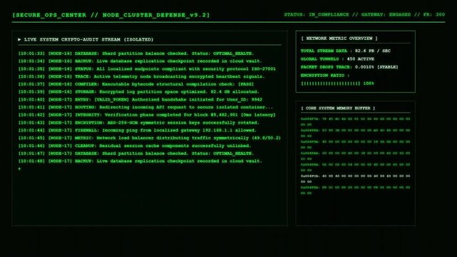 Secure Ops Center Console Screen Displaying Live Crypto Audit Streams And Local Node Cluster Defense Encryption Network Telemetry Logs.