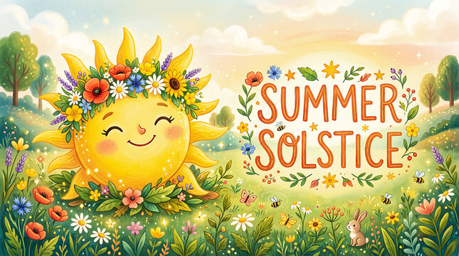 Cute cartoon sun character and summer solstice flowers