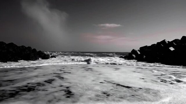 Dramatic monochromatic seascape showcases ocean waves crashing against breakwater rocks on a moody, overcast day