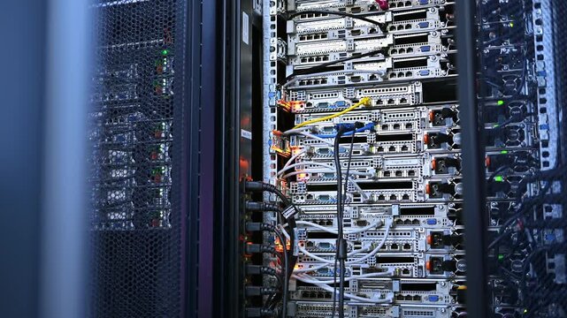 Modern server racks in data center showing flashing lights and networking equipment.