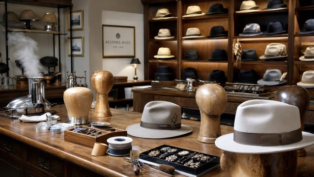 Hat shop displays various styles and materials with tools for hat making in a warm setting, showcasing the craft and tradition of millinery