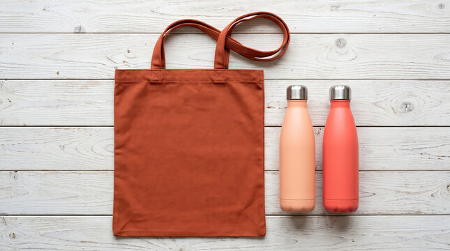 A brown tote bag and two colorful bottles on a wooden surface indoors