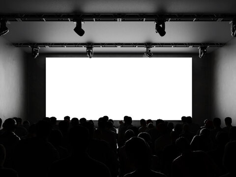Blank white large screen in conference room mockup with audience 3d render