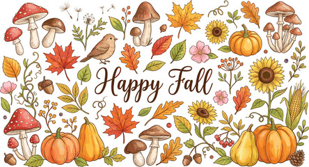 Hand Drawn Autumn Thanksgiving Vector Element Set with Pumpkins Sunflowers Mushrooms Maple Leaves Bird and Happy Fall Greeting Typography © Rownok