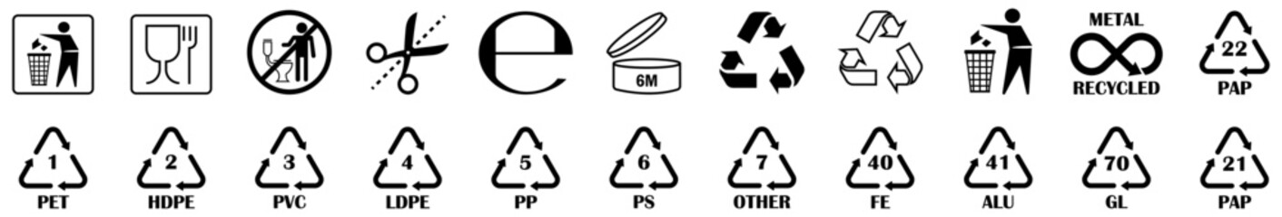 Recycling, packaging, disposal, material code, food safe, cosmetic, metal recycled, plastic, paper, glass and sustainability symbol icon collection. vector illustration  © GraphicSpark