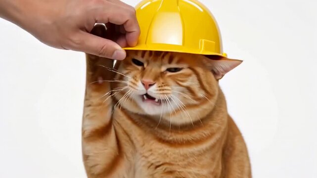黄色い防災ヘルメットを被ったかわいい犬と猫（白背景）